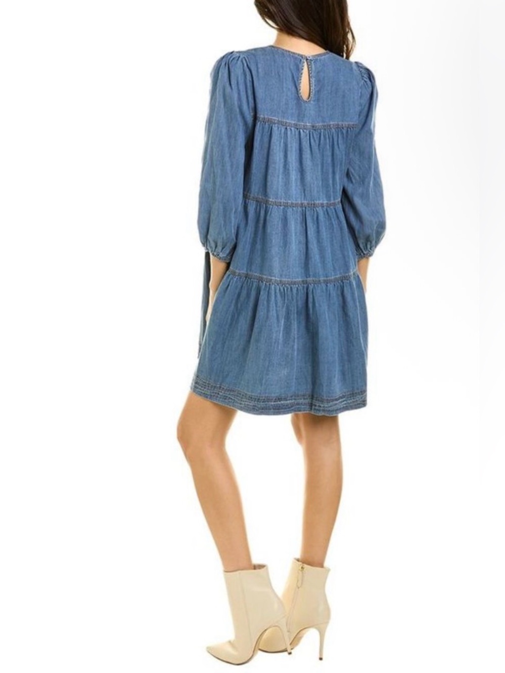 Stellah Tiered Denim Mini Dress Blue Puff Sleeve Babydoll Size S - Picture 2 of 8